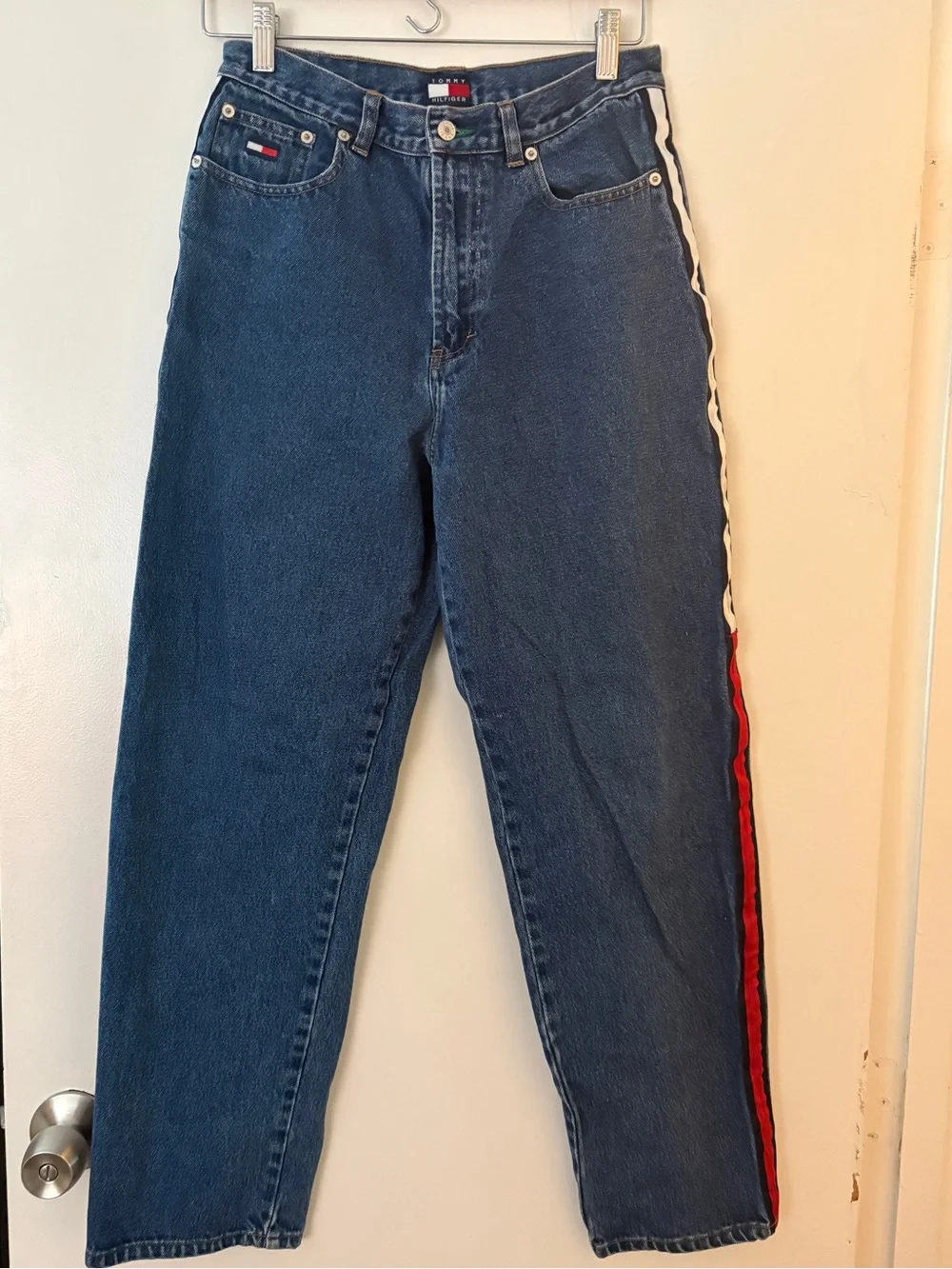 Vintage Tommy Hilfiger Navy Jeans with Red & White Side Stripes
